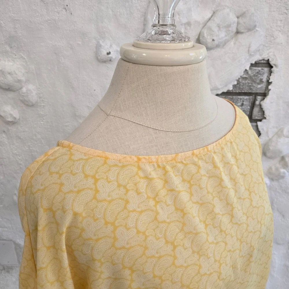 Michael Kors Yellow Paisley Blouson Top Boat Neck Grommet Tie Sleeve Blouse